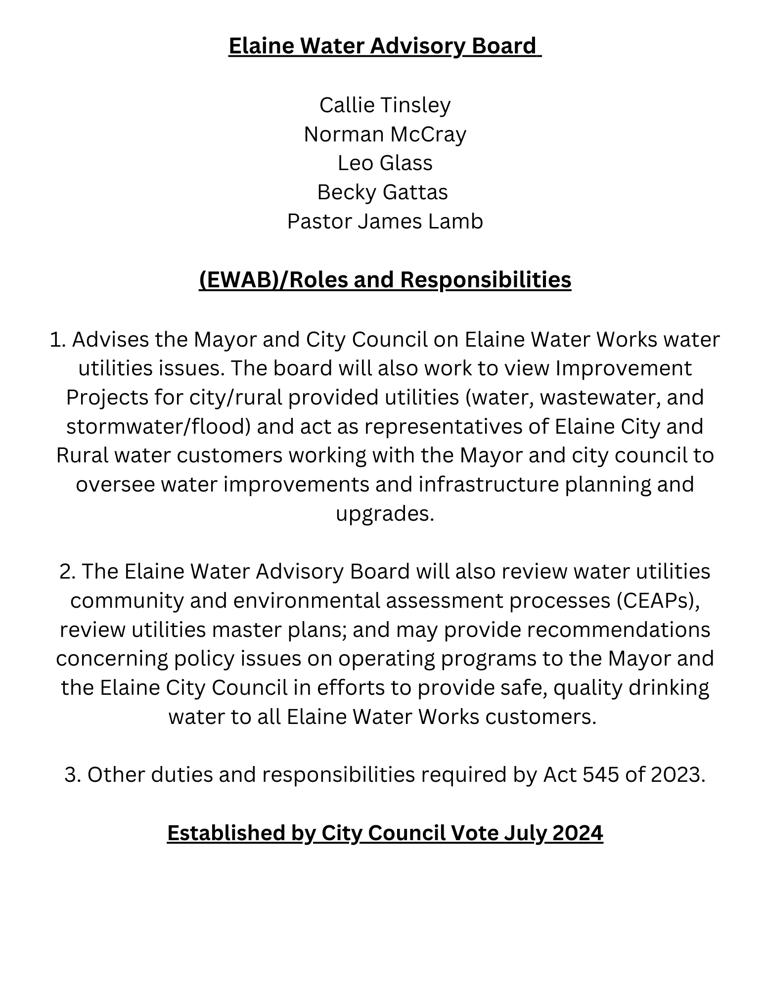 Elaine Water Board Members